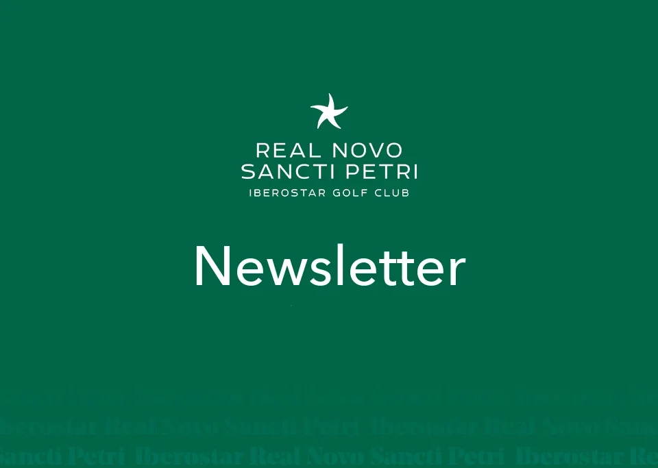 Cartel oficial 'Newsletter' del Real Novo Sancti Petri Iberostar Golf Club sobre fondo verde