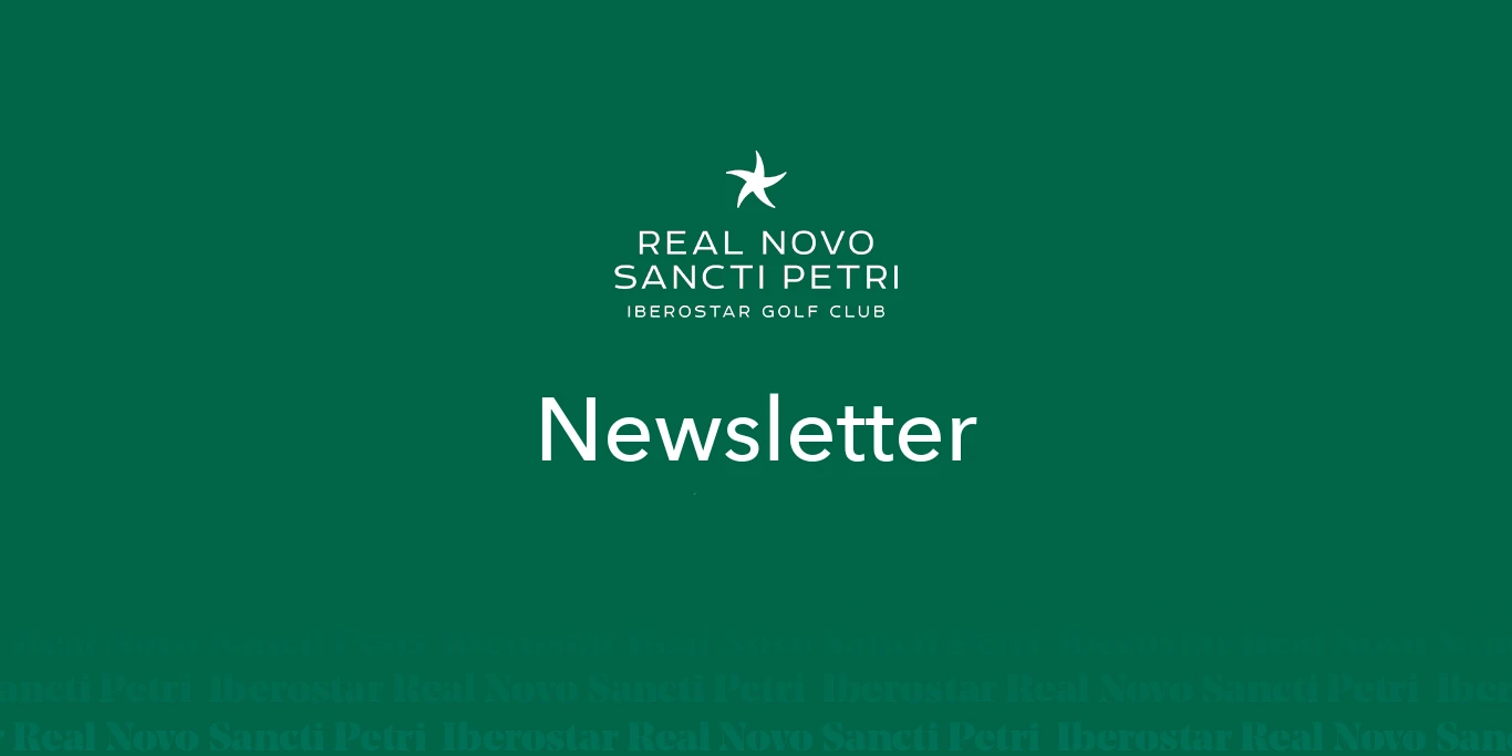 Cartel oficial 'Newsletter' del Real Novo Sancti Petri Iberostar Golf Club sobre fondo verde