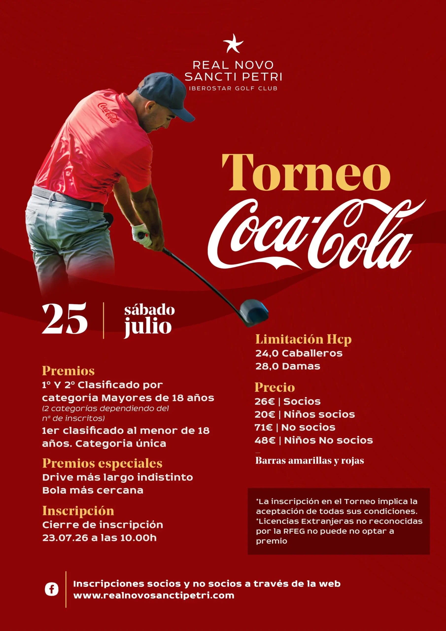 Cartel del torneo Coca-Cola del sábado 25 de julio de 2026 en el Real Novo Sancti Petri, con premios, precios, hándicap e inscripción