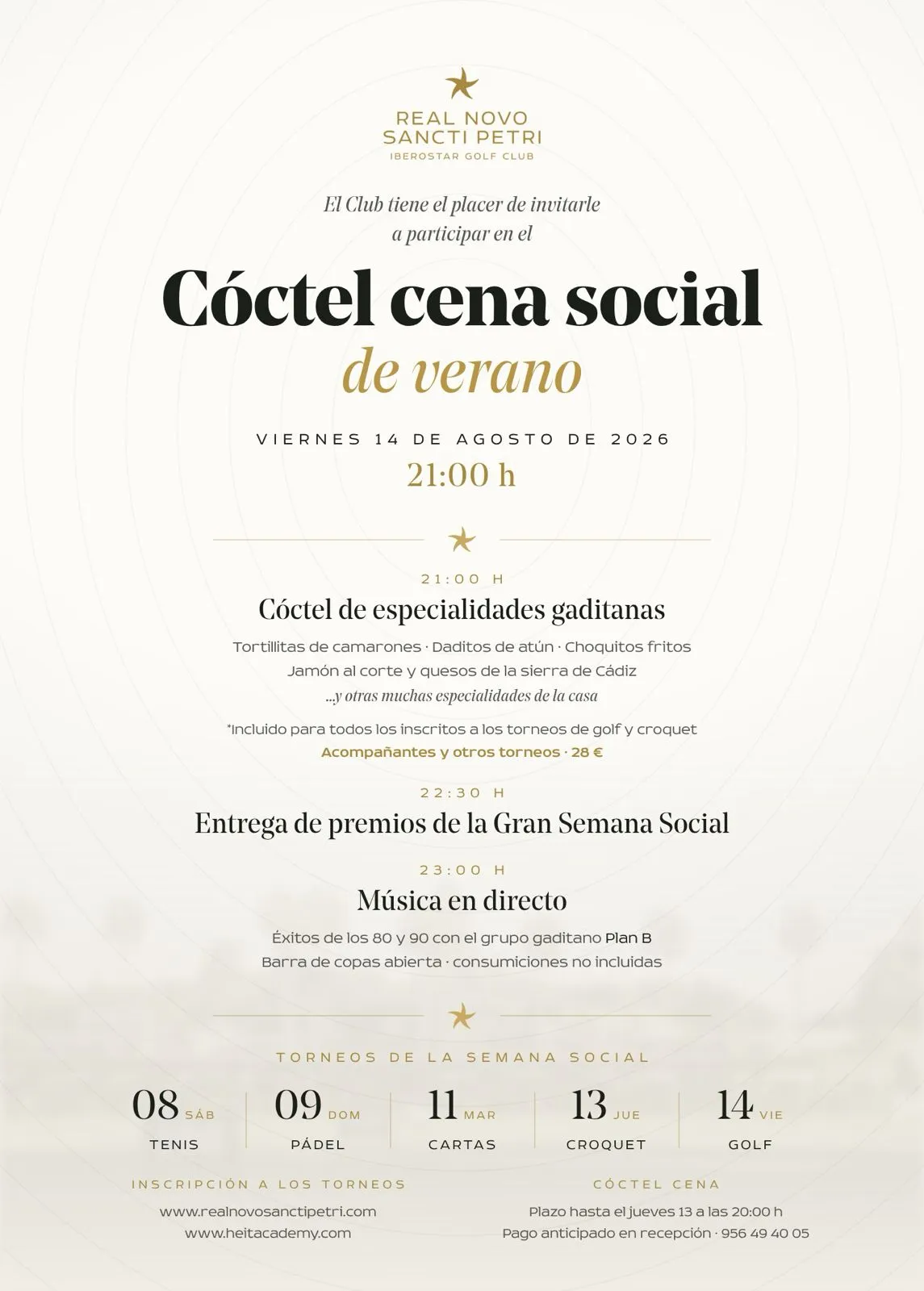 Cartel del Torneo de golf de la Gran Semana Social del Real Novo Sancti Petri, viernes 14 de agosto de 2026